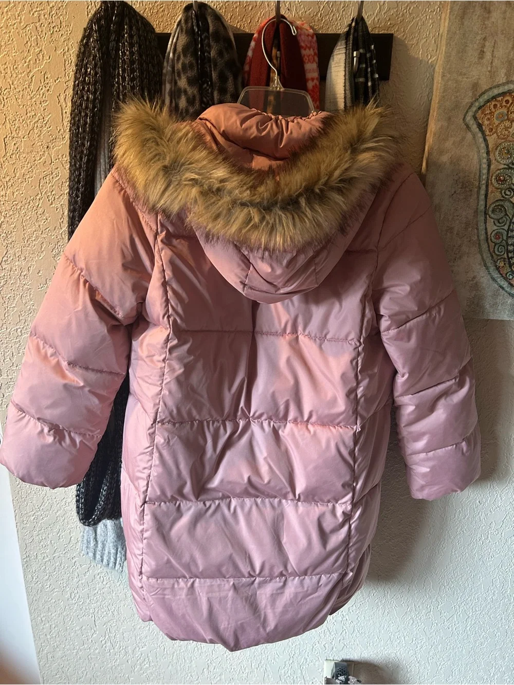 GAP Kids Dusty Pink Long Puffer Coat with Faux Fur Trim